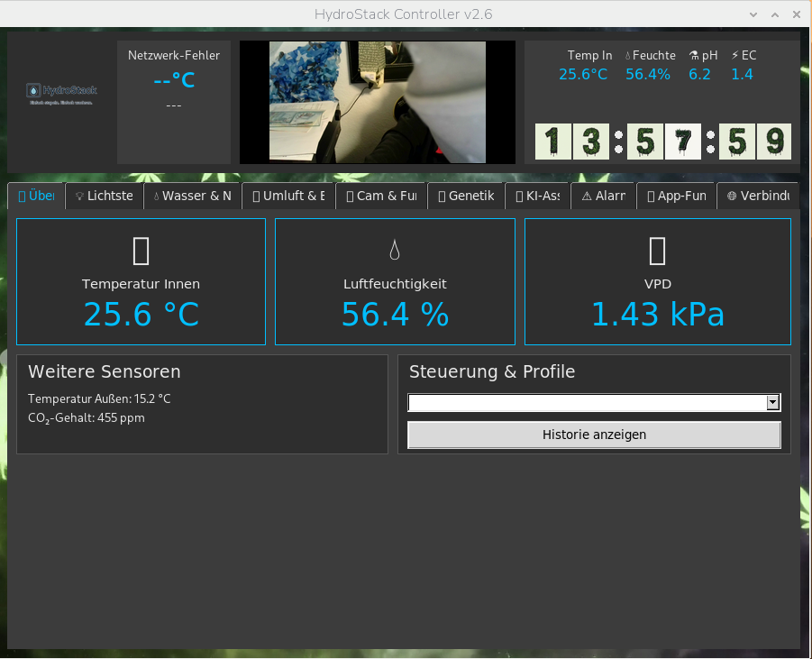 HydroStack Controller Dashboard-Oberfläche